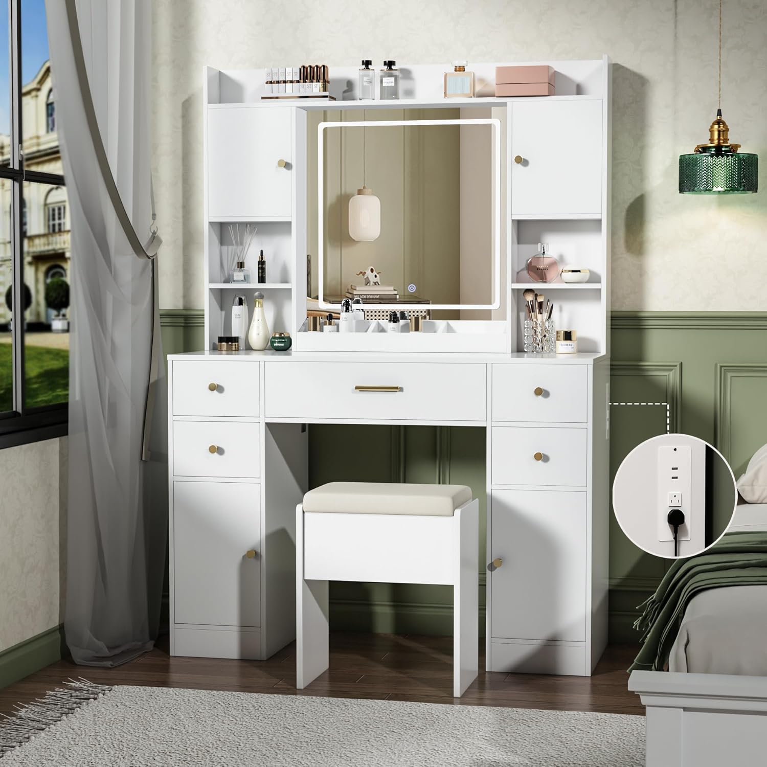 Ebern Designs 41.3" Makeup Vanity Desk with Lights and Mirror, Modern